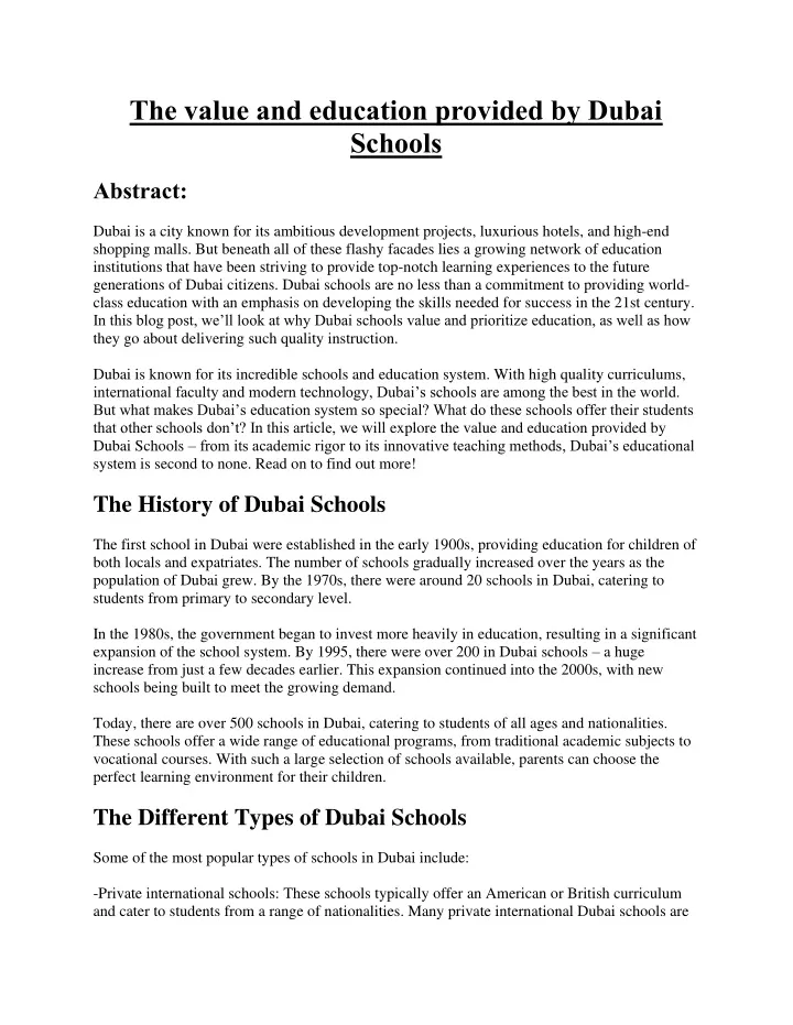 the value and education provided by dubai schools