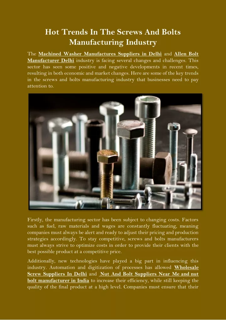 hot trends in the screws and bolts manufacturing