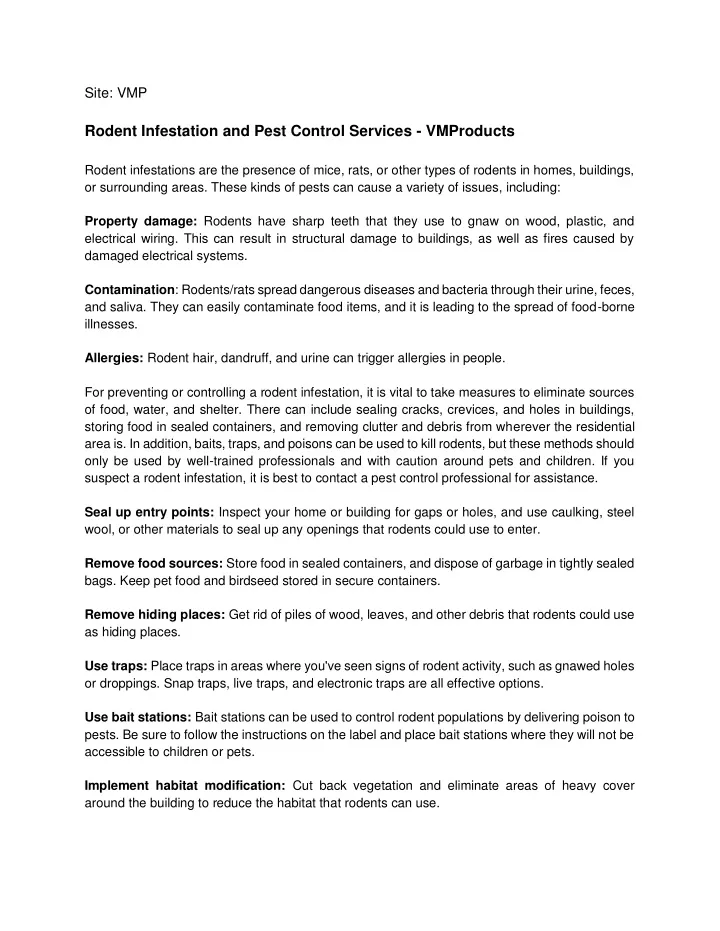 site vmp rodent infestation and pest control