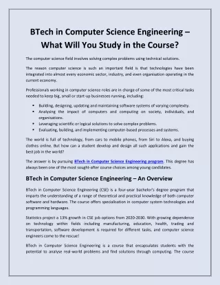 BTech in Computer Science Engineering - What Will You Study in the Course?