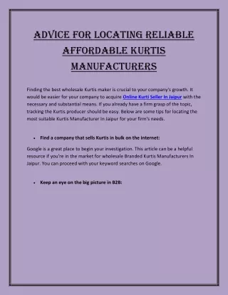 Advice for Locating Reliable Affordable Kurtis Manufacturers