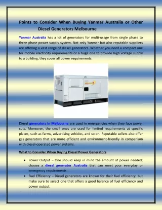 Points to Consider When Buying Yanmar Australia or Other Diesel Generators