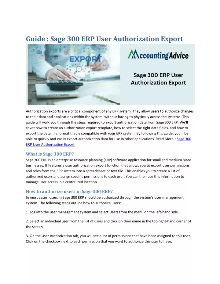 guide sage 300 erp user authorization export