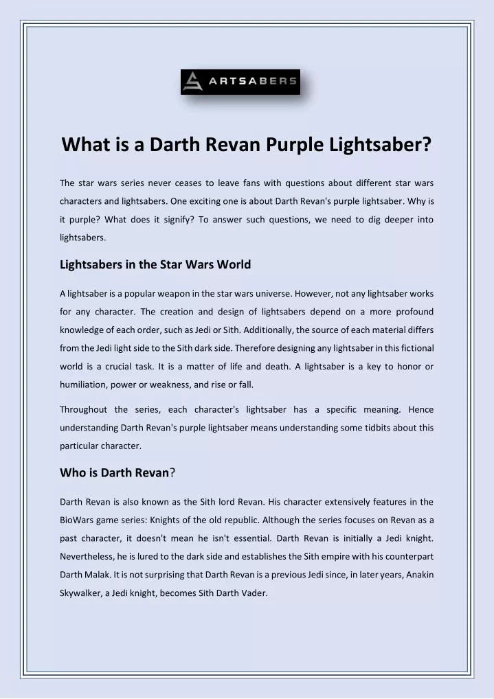 what is a darth revan purple lightsaber