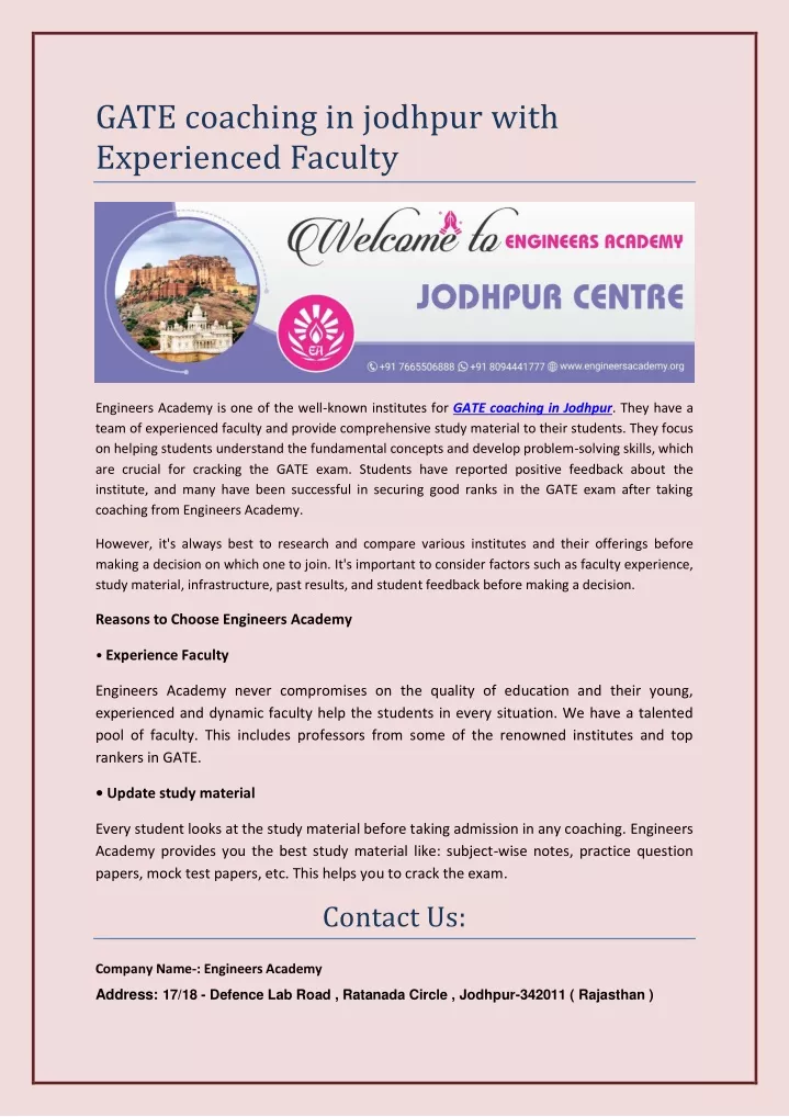 gate coaching in jodhpur with experienced faculty