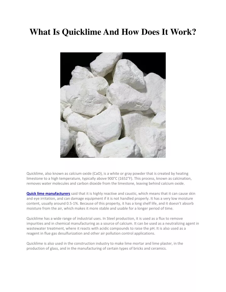 what is quicklime and how does it work