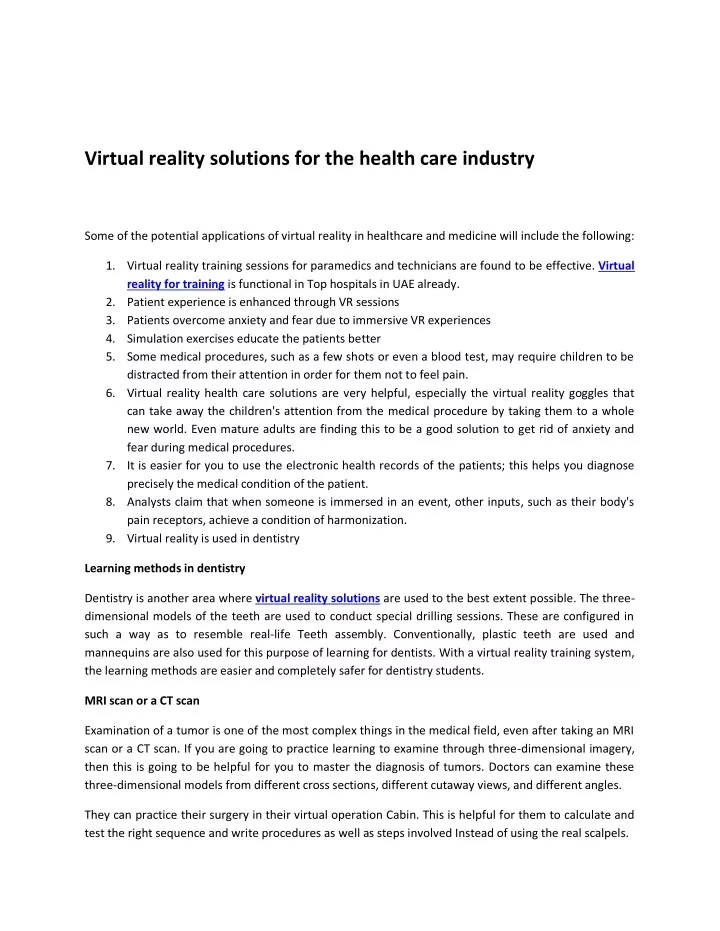 virtual reality solutions for the health care