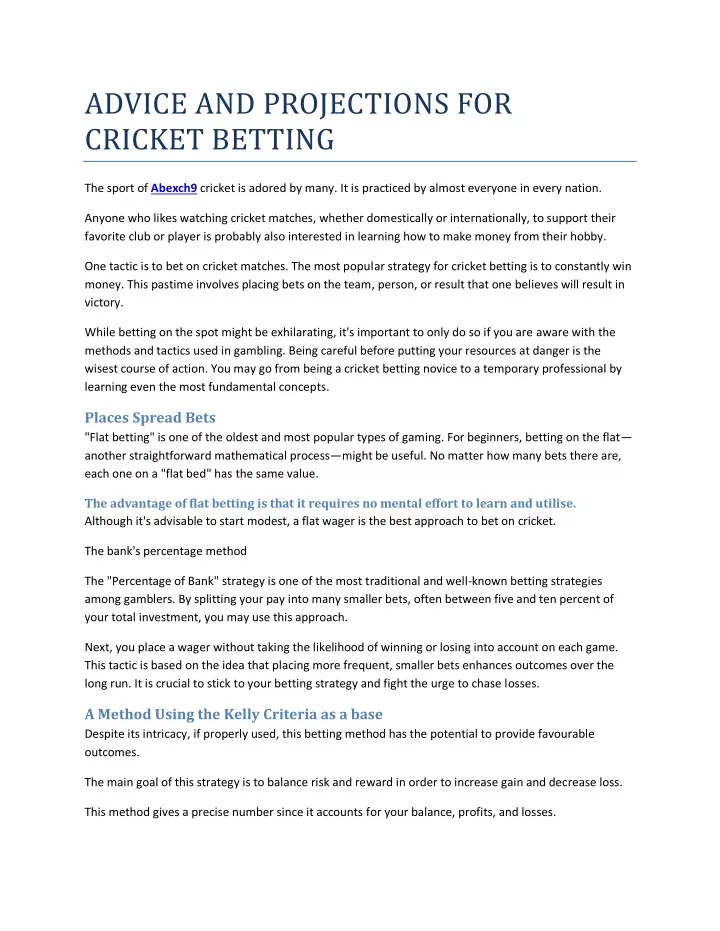 advice and projections for cricket betting