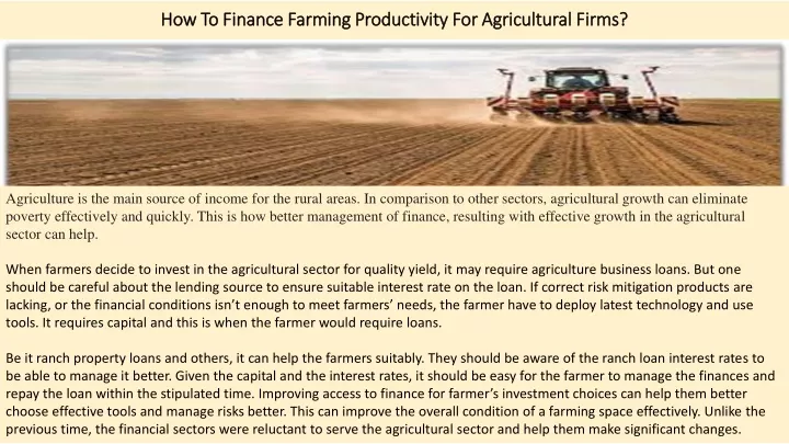 how to finance farming productivity for agricultural firms