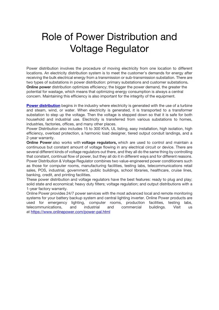 role of power distribution and voltage regulator