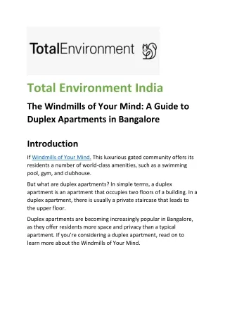 Total Environment Windmills of your Mind | Duplex Apartment in Bangalore |