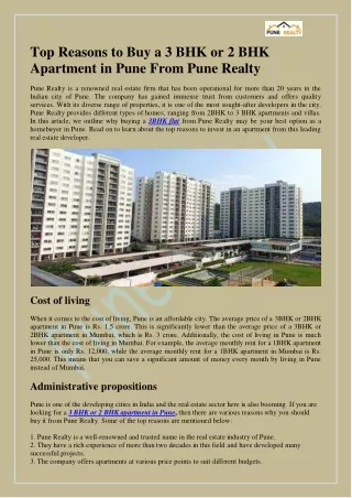 Top Reasons to Buy a 3 BHK or 2 BHK Apartment in Pune From Pune Realty