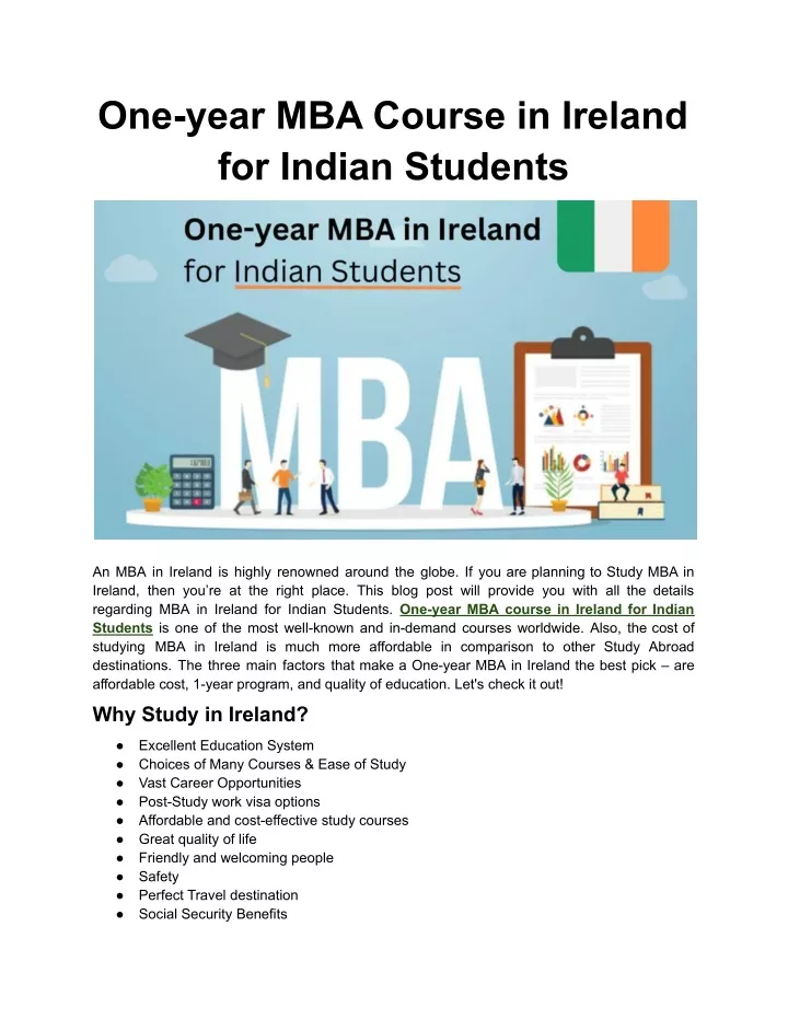 one year mba course in ireland for indian students