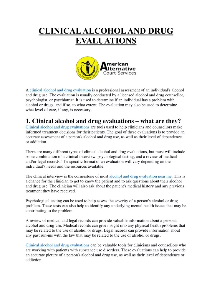 clinical alcohol and drug evaluations
