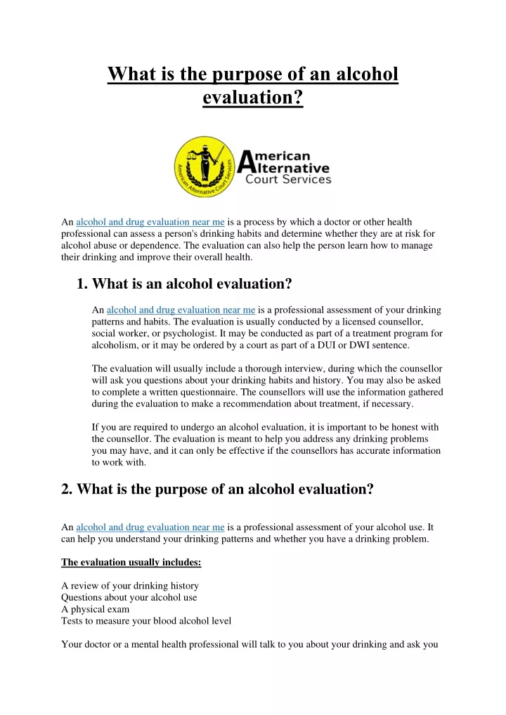 what is the purpose of an alcohol evaluation