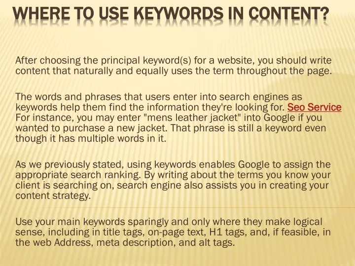 where to use keywords in content