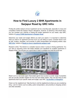 How to Find Luxury 2 BHK Apartments in Sarjapur Road by GRC Infra