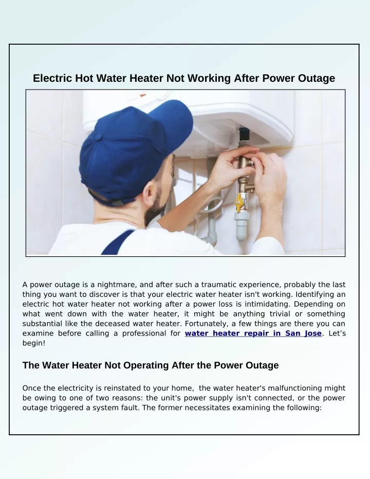 electric hot water heater not working after power