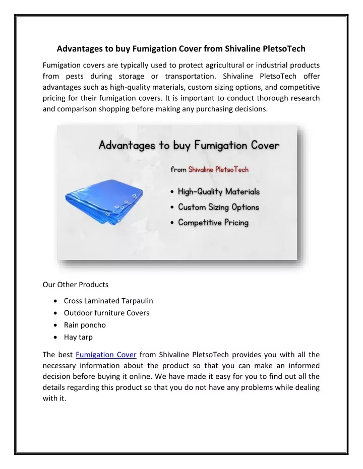 advantages to buy fumigation cover from shivaline