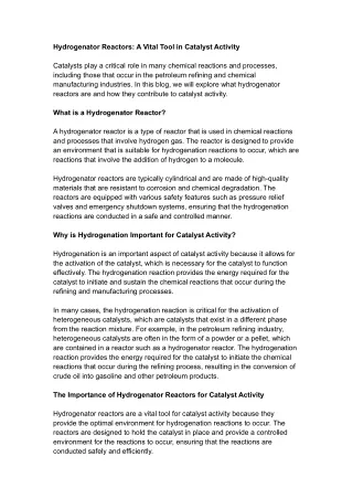 What is Hydrogenator Reactor & its Importance In Catalyst Activity