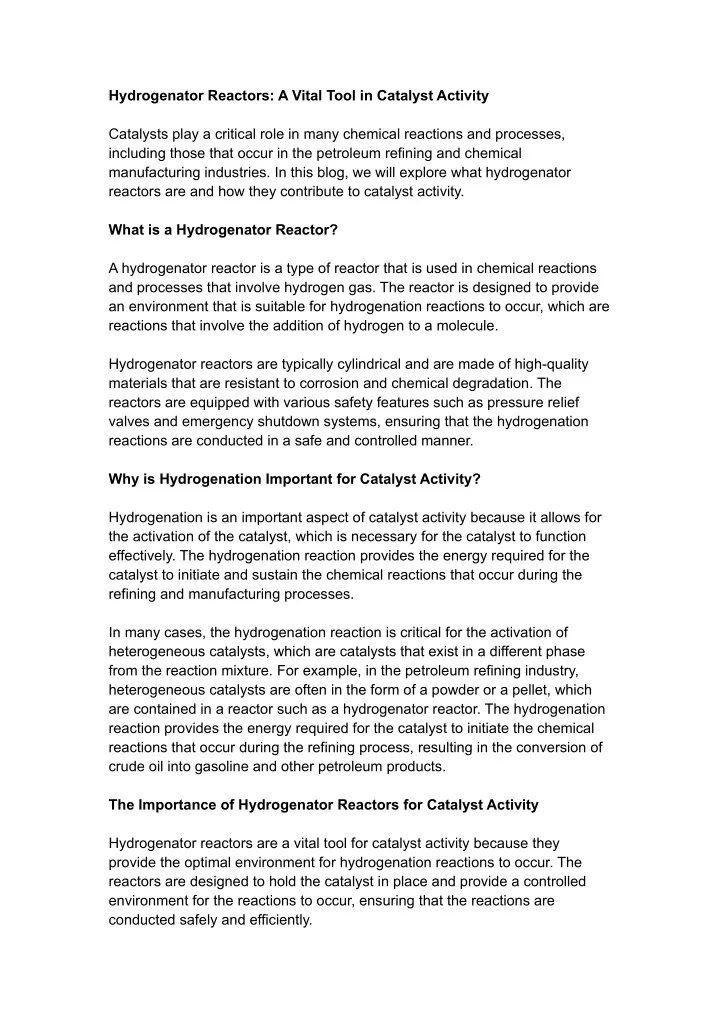 hydrogenator reactors a vital tool in catalyst