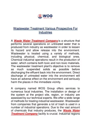 Wastewater Treatment Various Prospective For Industries