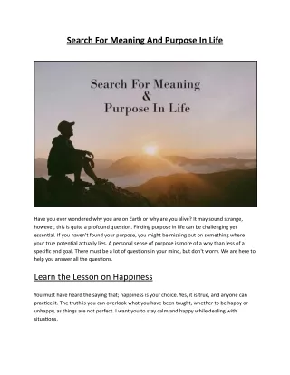 Search For Meaning And Purpose In Life