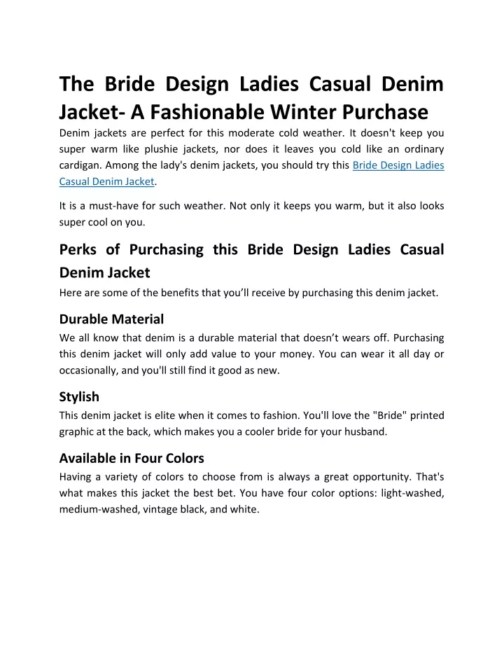 the bride design ladies casual denim jacket