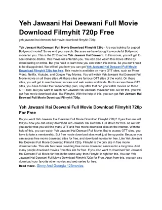 Yeh Jawaani Hai Deewani Full Movie Download Filmyhit 720p