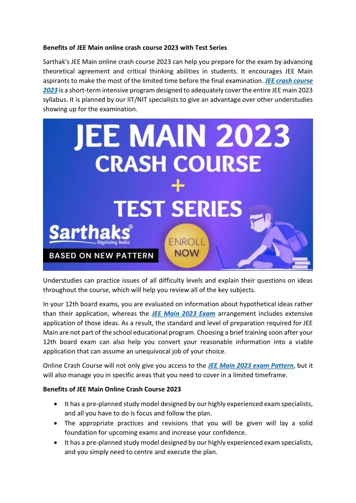 benefits of jee main online crash course 2023