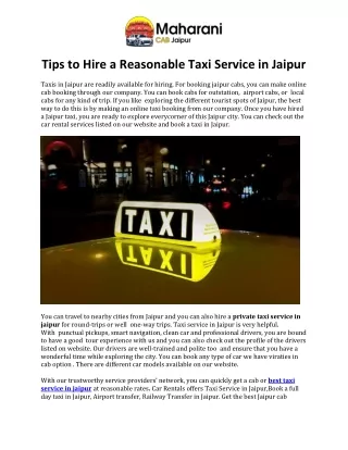 Tips to Hire a Reasonable Taxi Service in Jaipur
