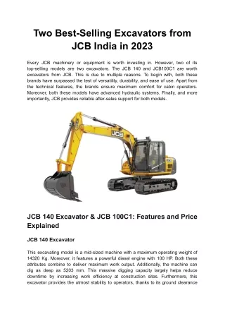 Two Best-Selling Excavators from JCB India in 2023