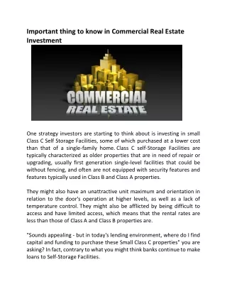 Important thing to know in Commercial Real Estate Investment