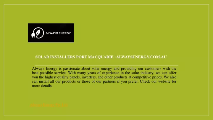 solar installers port macquarie alwaysenergy com au