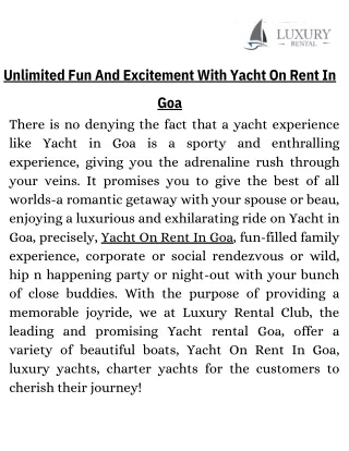 Unlimited Fun And Excitement With Yacht On Rent In Goa