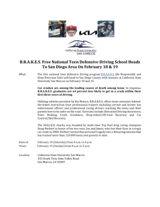 B.R.A.K.E.S. Free National Teen Defensive Driving School Heads To San Diego Area
