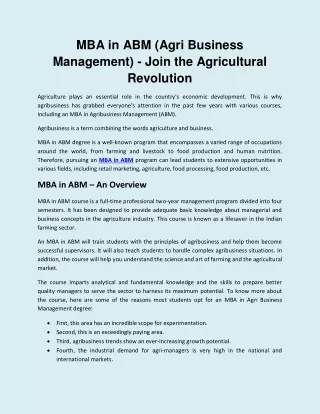 MBA in ABM (Agri Business Management) - Join the Agricultural Revolution
