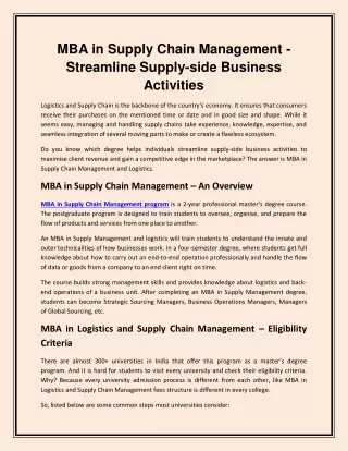 MBA in Supply Chain Management - Streamline Supply-side Business Activities