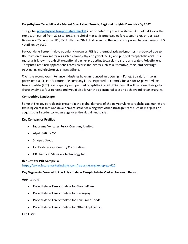 polyethylene terephthalate market size latest