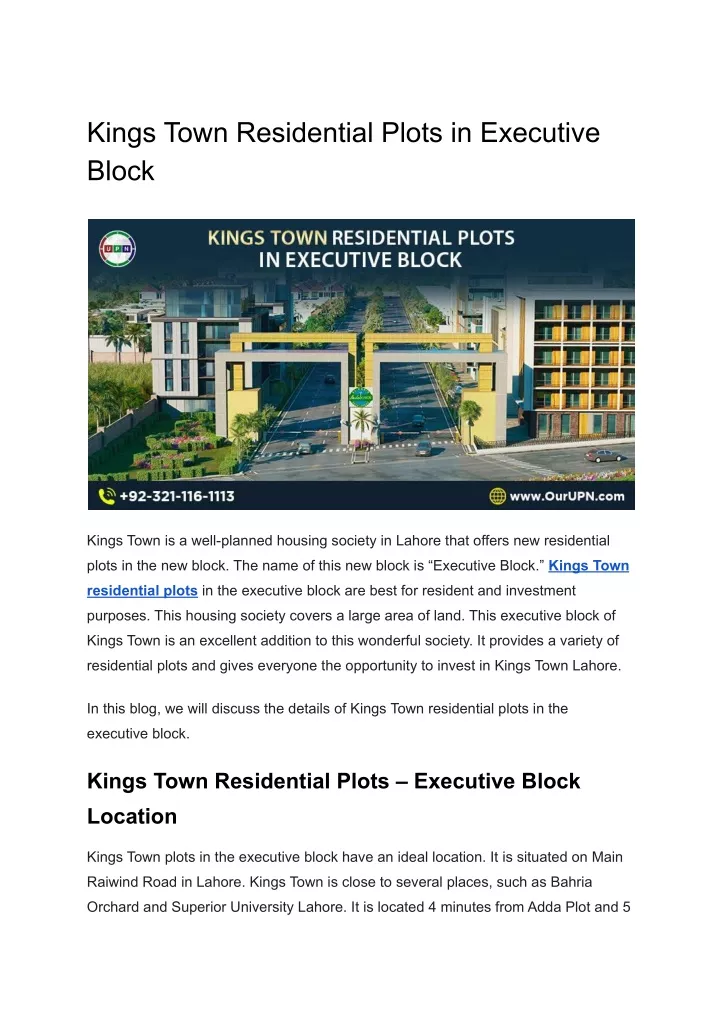 kings town residential plots in executive block