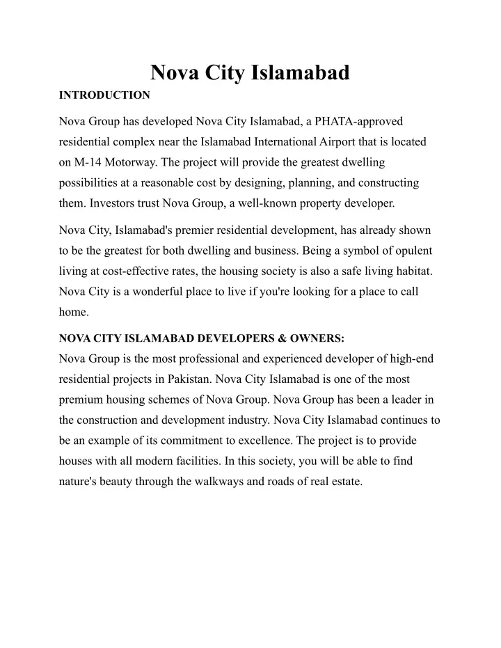nova city islamabad introduction
