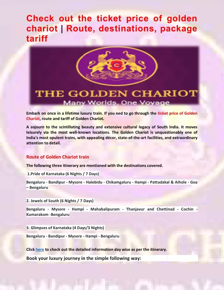check out the ticket price of golden chariot rout