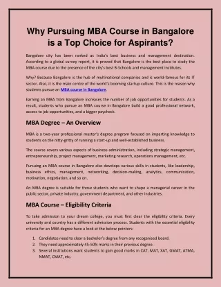 Why Pursuing MBA Course in Bangalore is a Top Choice for Aspirants