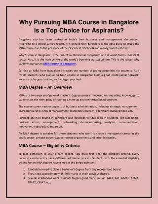 why pursuing mba course in bangalore