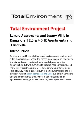 Total Environment Project in Bangalore | Luxury Apartment & Villa in Bangalore