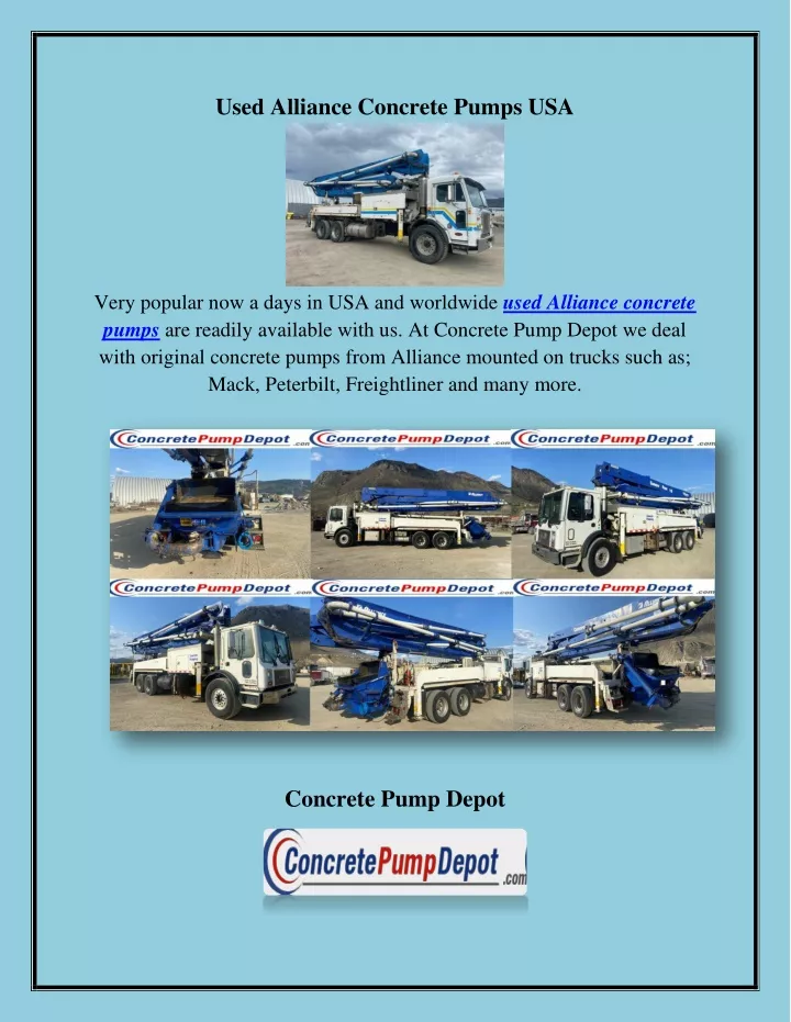 used alliance concrete pumps usa