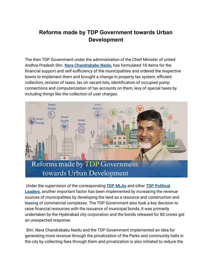 reforms made by tdp government towards urban