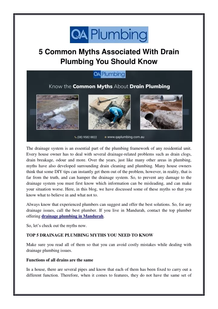 5 common myths associated with drain plumbing