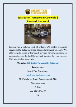 6/8 Seater Transport In Cotswold | Smartaxiciren.co.uk