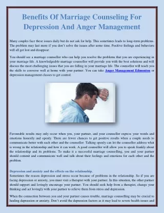 Benefits Of Marriage Counseling For Depression And Anger Management